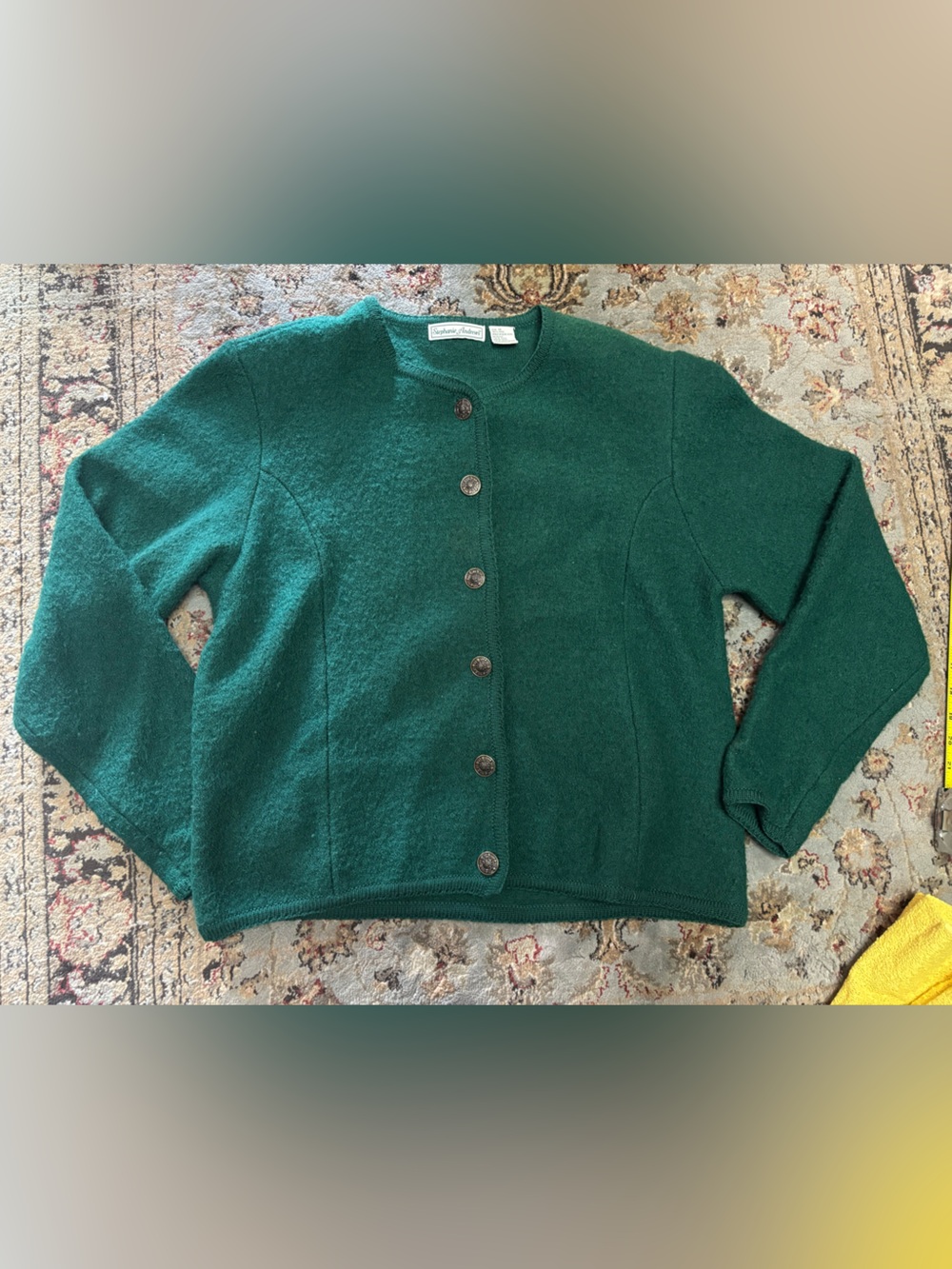 Vintage Green Button-Front Women's 100% Wool Sweater Cardigan